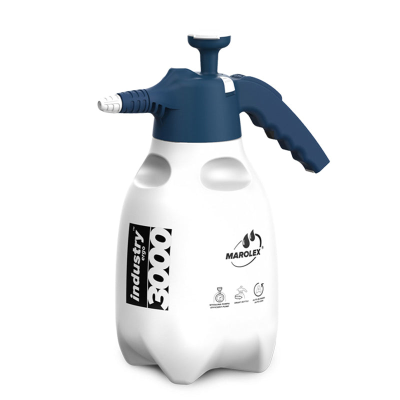 Marolex Sprayer Industry ERGO 3000ml ALKA-line, built for durability and reliable performance with alkaline chemicals, including a push-down pressure relief valve.