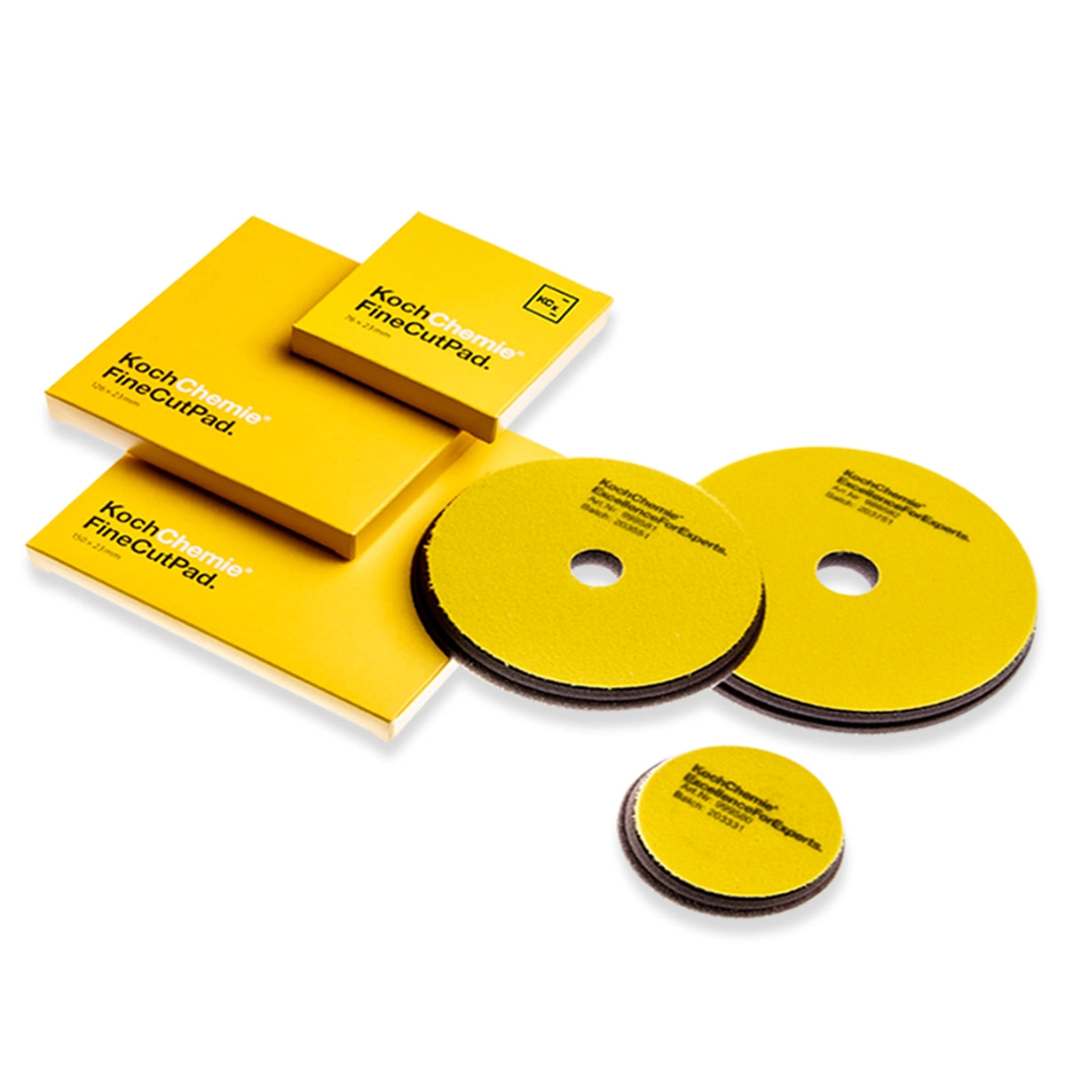 Yellow Koch Chemie Fine Cut Pad 150 x 23mm, ideal for use with Fine Cut F6.01 for efficient scratch removal and polishing.