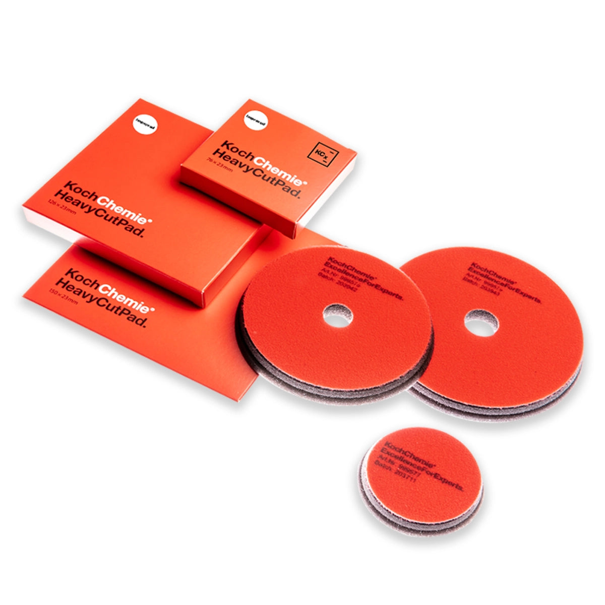 Red Koch Chemie Heavy Cut Pad 126x23 mm, featuring a milling edge for flexibility and compatibility with 6-inch backing plates.