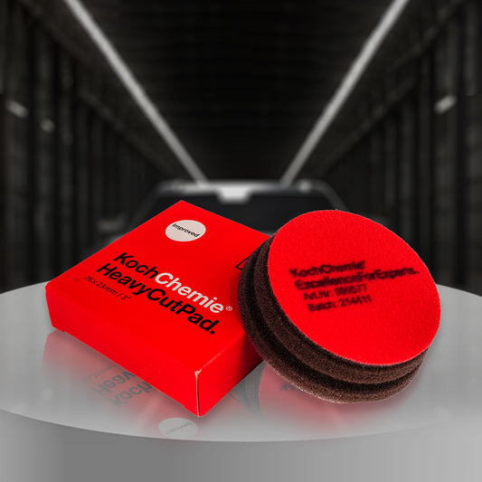 Koch Chemie Heavy Cut Pad Red 76x23 mm, professional-grade abrasive sponge for removing heavy weathering and deep scratches.