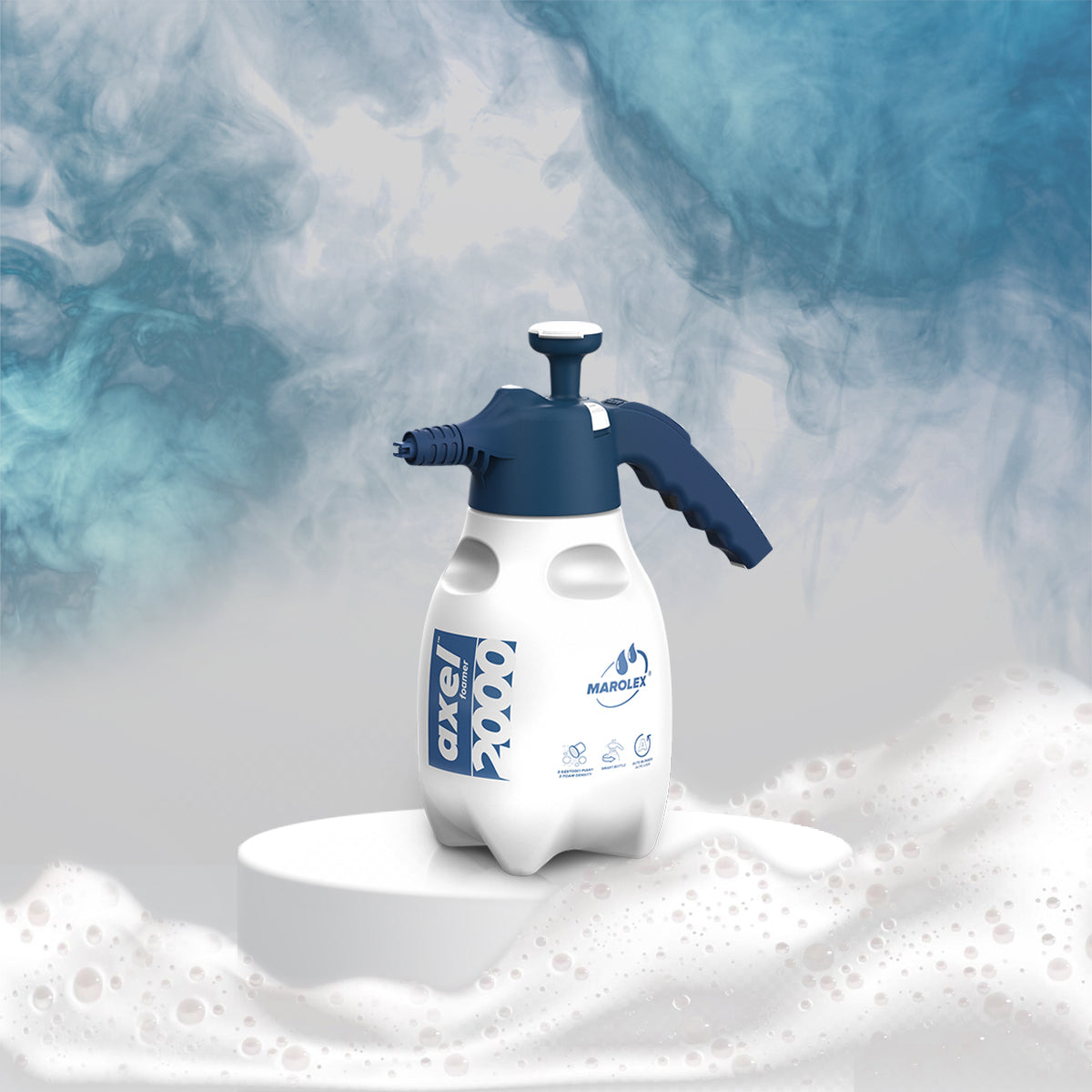 Marolex Foamer Axel 2000ml with replaceable foam inserts for adjustable foam density, ideal for car cleaning and detailing.