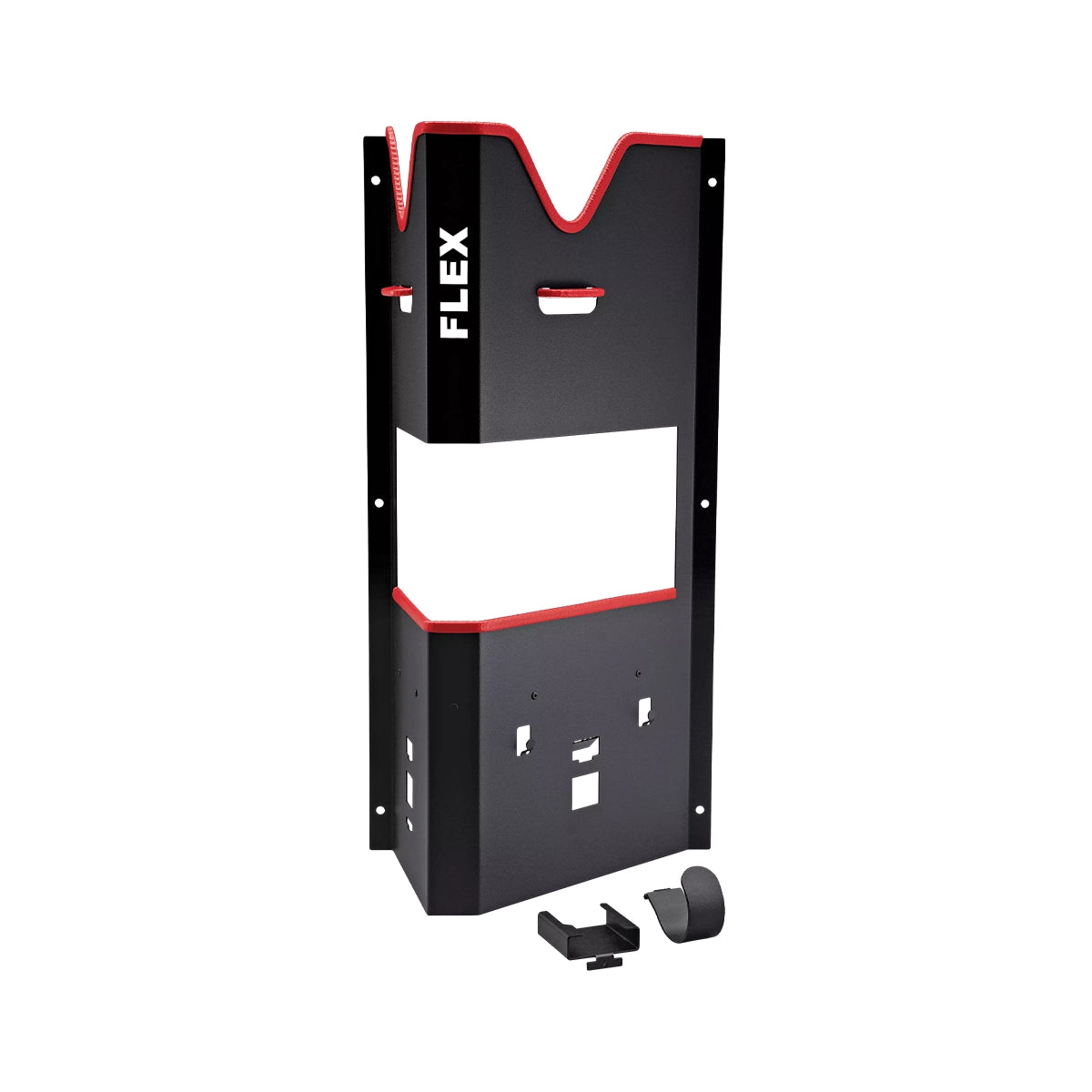 Large Flex WHP-2 AC/DC wall mount for polishers, featuring edge protection, cable holder, and battery charging slots for a tidy workstation.