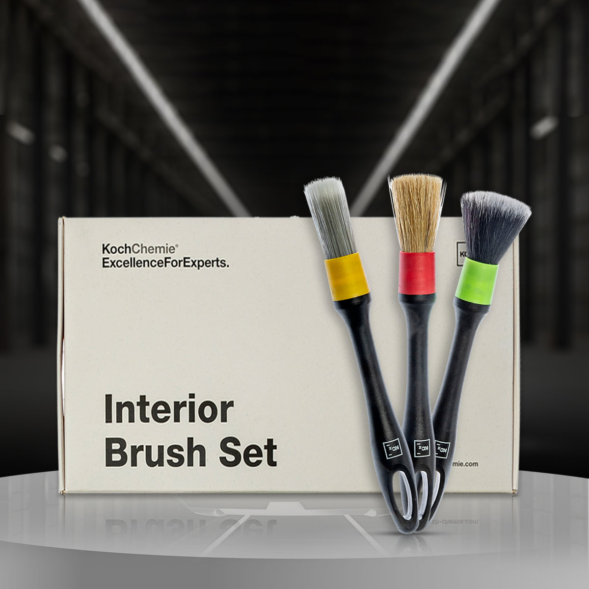 Koch Chemie Vikan Interior Brush Set with three color-coded brushes for versatile vehicle interior cleaning