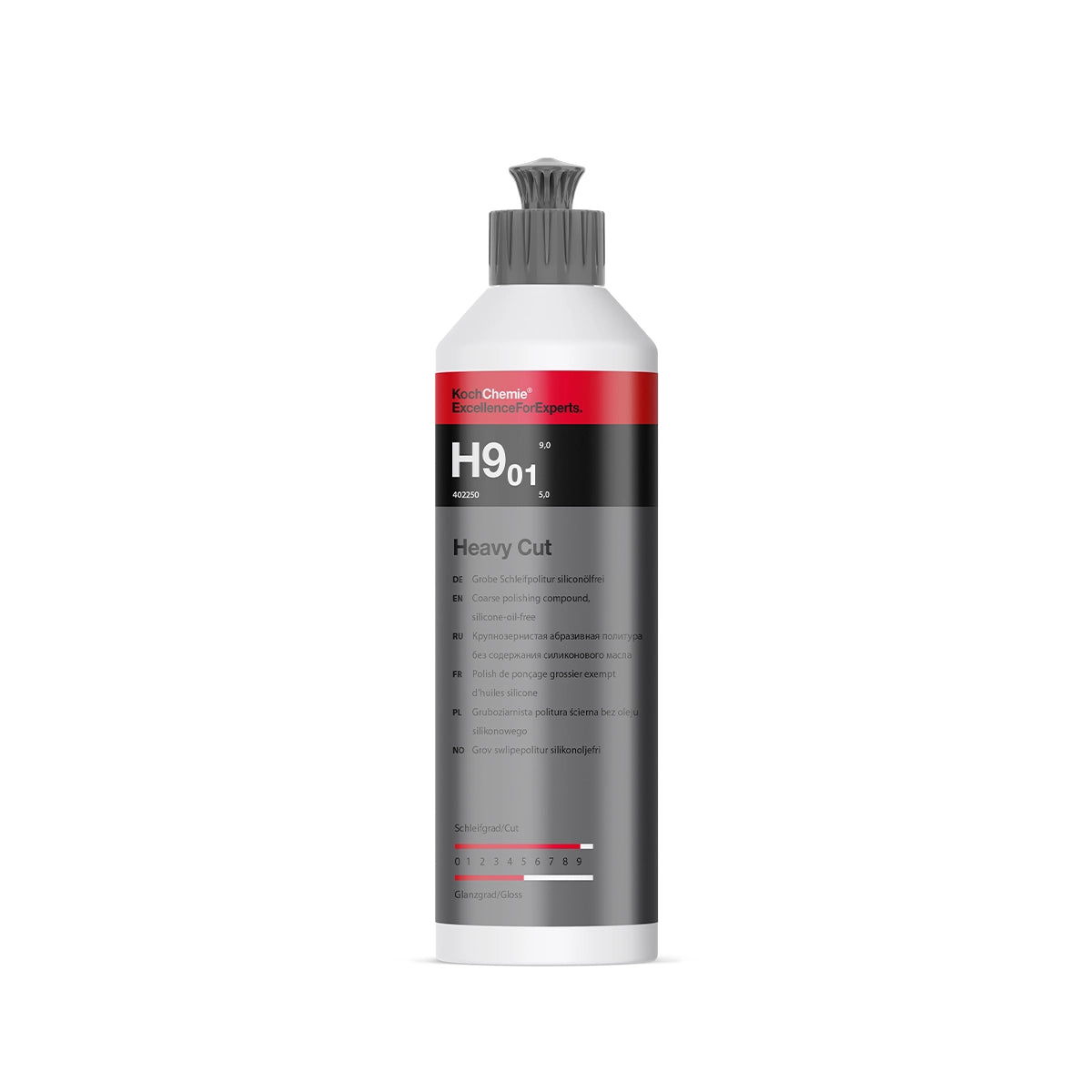 Silicone-oil-free Koch Chemie Heavy Cut H9.01 polish ideal for quick paintwork repair and high gloss finish.