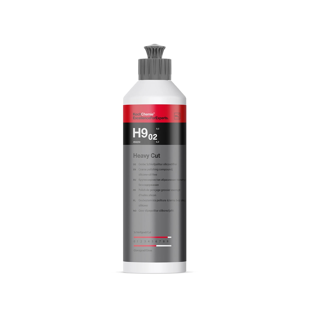 Silicone-oil-free Koch Chemie Heavy Cut H9.02 250 ml for efficient paint restoration with minimal dust.