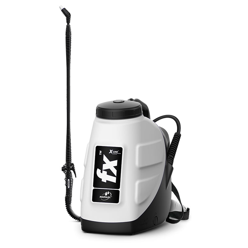 Battery-powered Marolex FX ALKA-line sprayer with a 7L capacity, featuring a dust prevention system and long-lasting battery life.