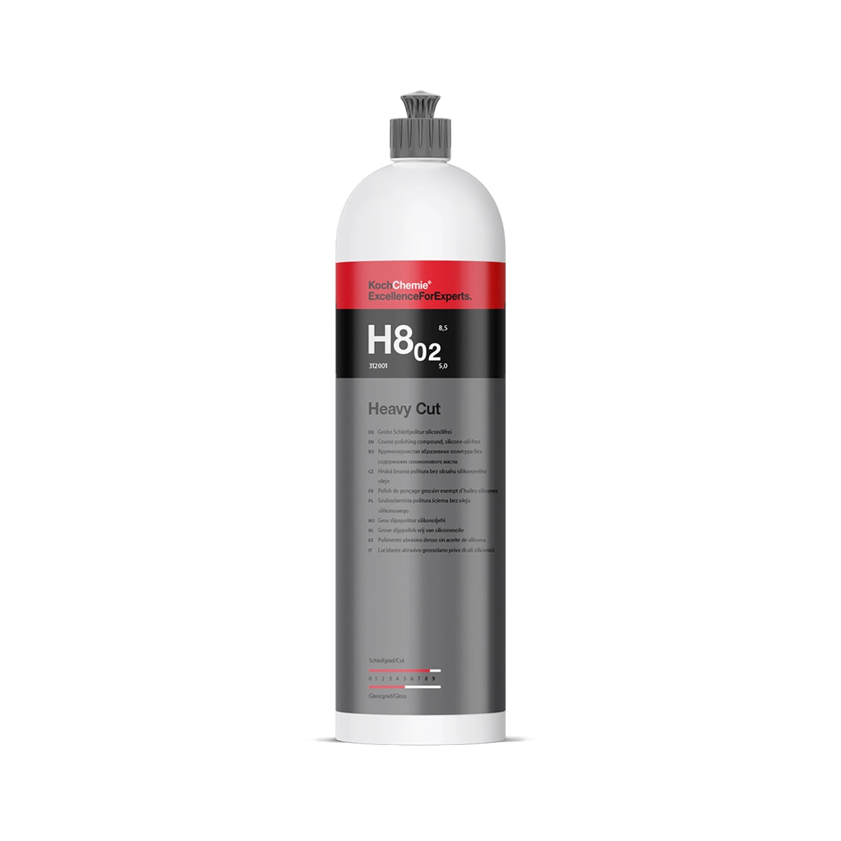 Silicone-free Koch Chemie Heavy Cut H8.02 polish for effective paint correction, suitable for all paint types, including scratch-resistant finishes.