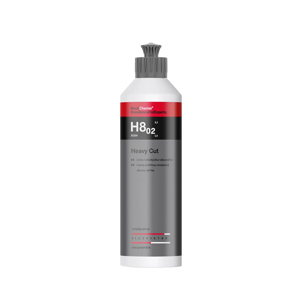 Silicone-free Koch Chemie Heavy Cut H8.02 250ml polish, ideal for restoring highly damaged paintwork with minimal dust and high gloss.
