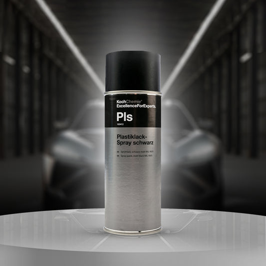 Koch Chemie Plastiklack Spray Schwarz 400ml, matte black spray paint for automotive surfaces with high coverage and quick-drying formula.