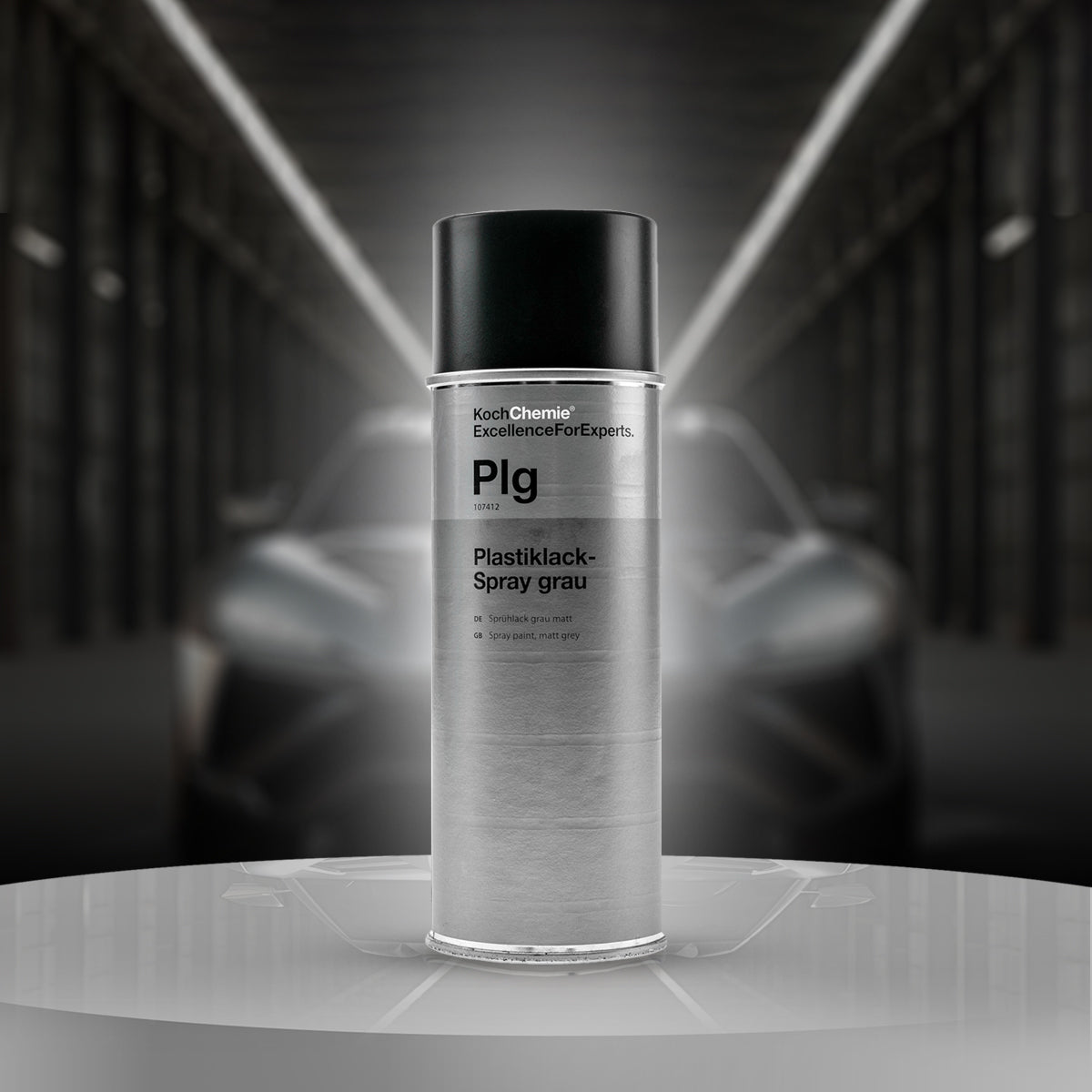 Koch Chemie Plastiklack-Spray grau 400ml, matte grey spray paint for vehicle exterior restoration and protection.