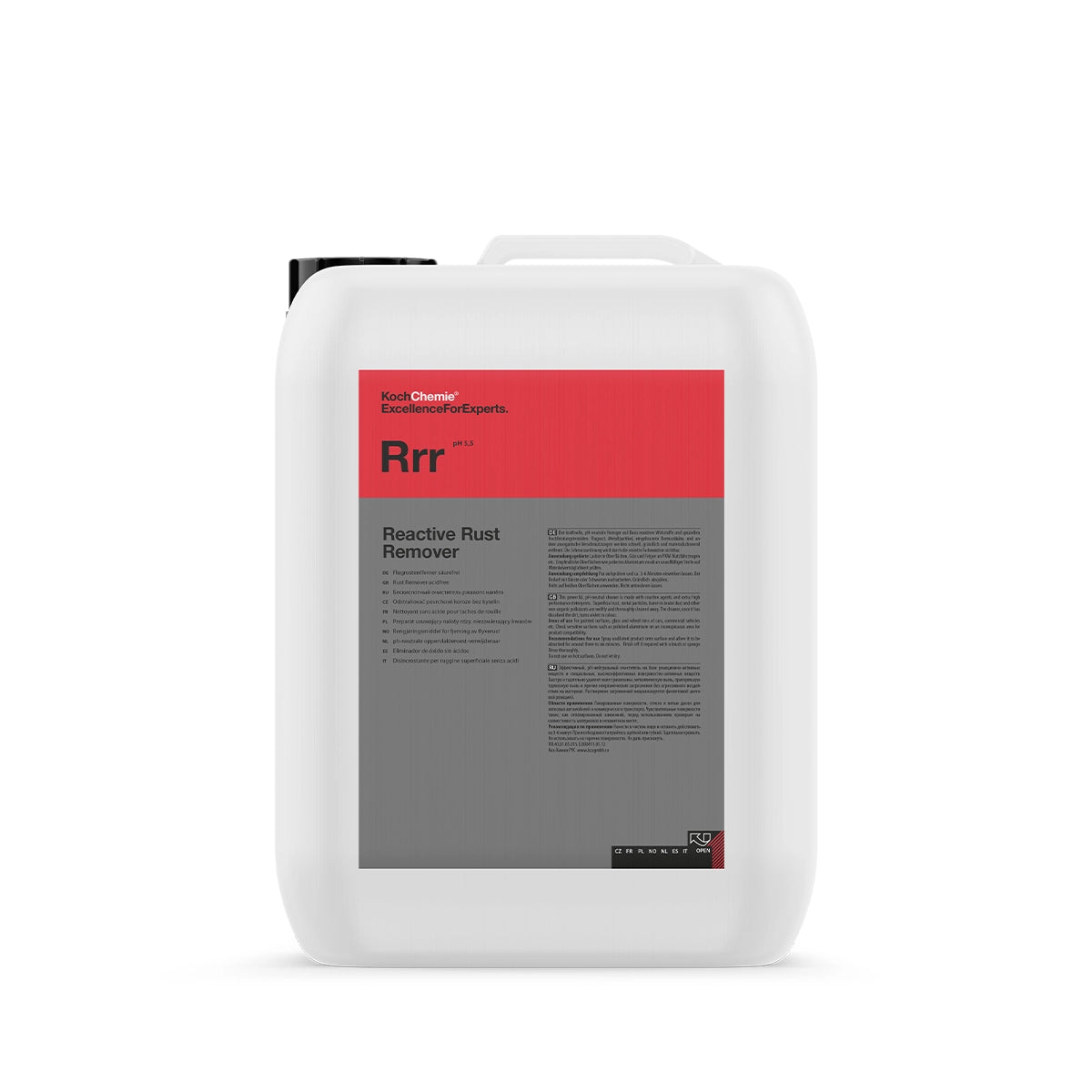 11 Kg Koch Chemie Reactive Rust Remover, safe for cars and commercial vehicles, featuring a color-changing violet indicator for easy rinsing.