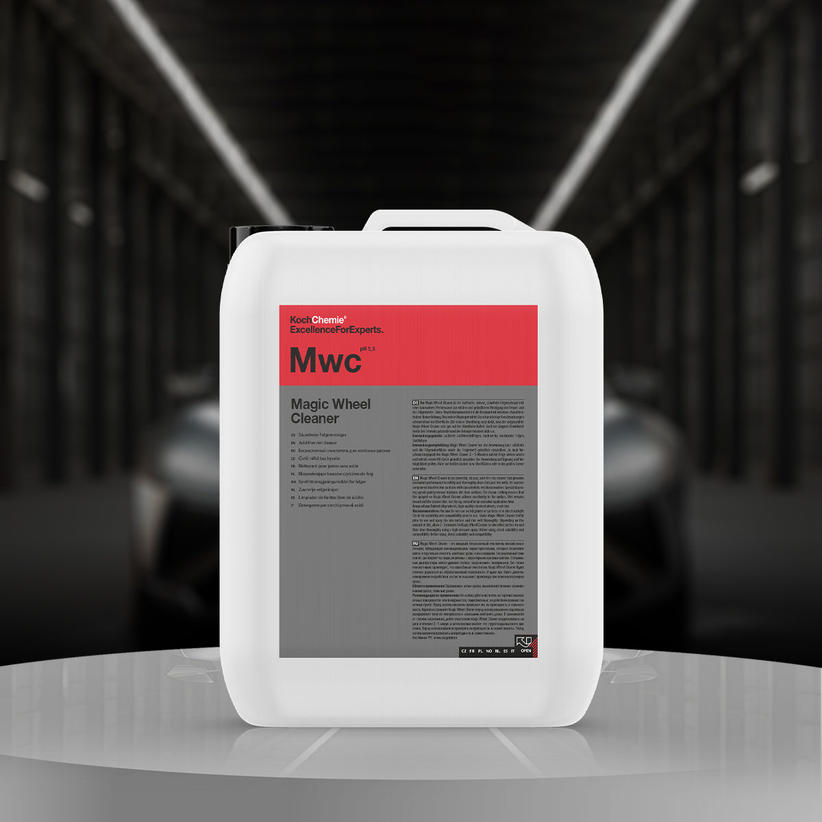 Koch Chemie Magic Wheel Cleaner 10L, acid-free formula, ideal for cleaning alloy, chrome, and steel rims effectively.
