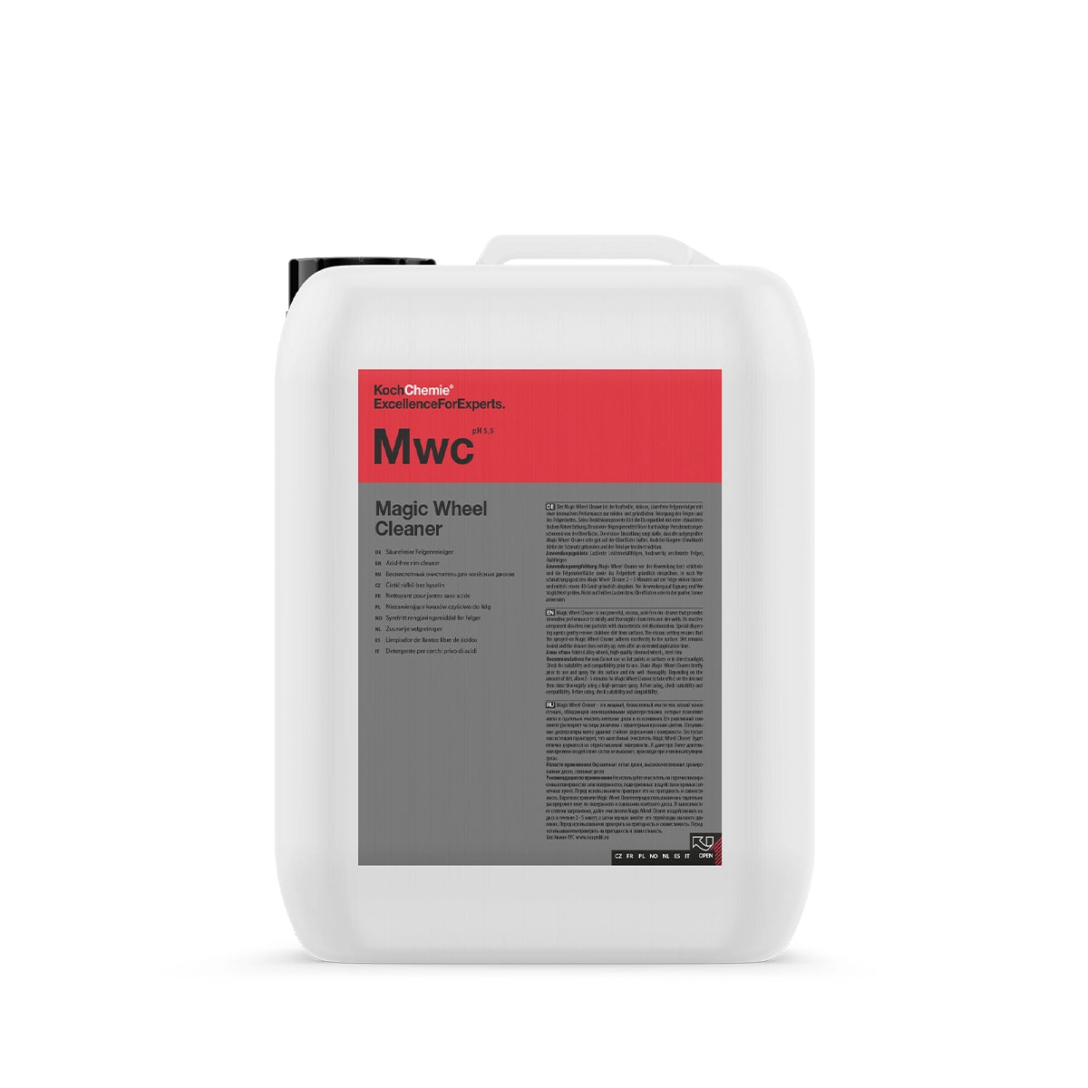 Acid-free Koch Chemie Magic Wheel Cleaner 10L with reactive components for dissolving iron particles and removing tough dirt.