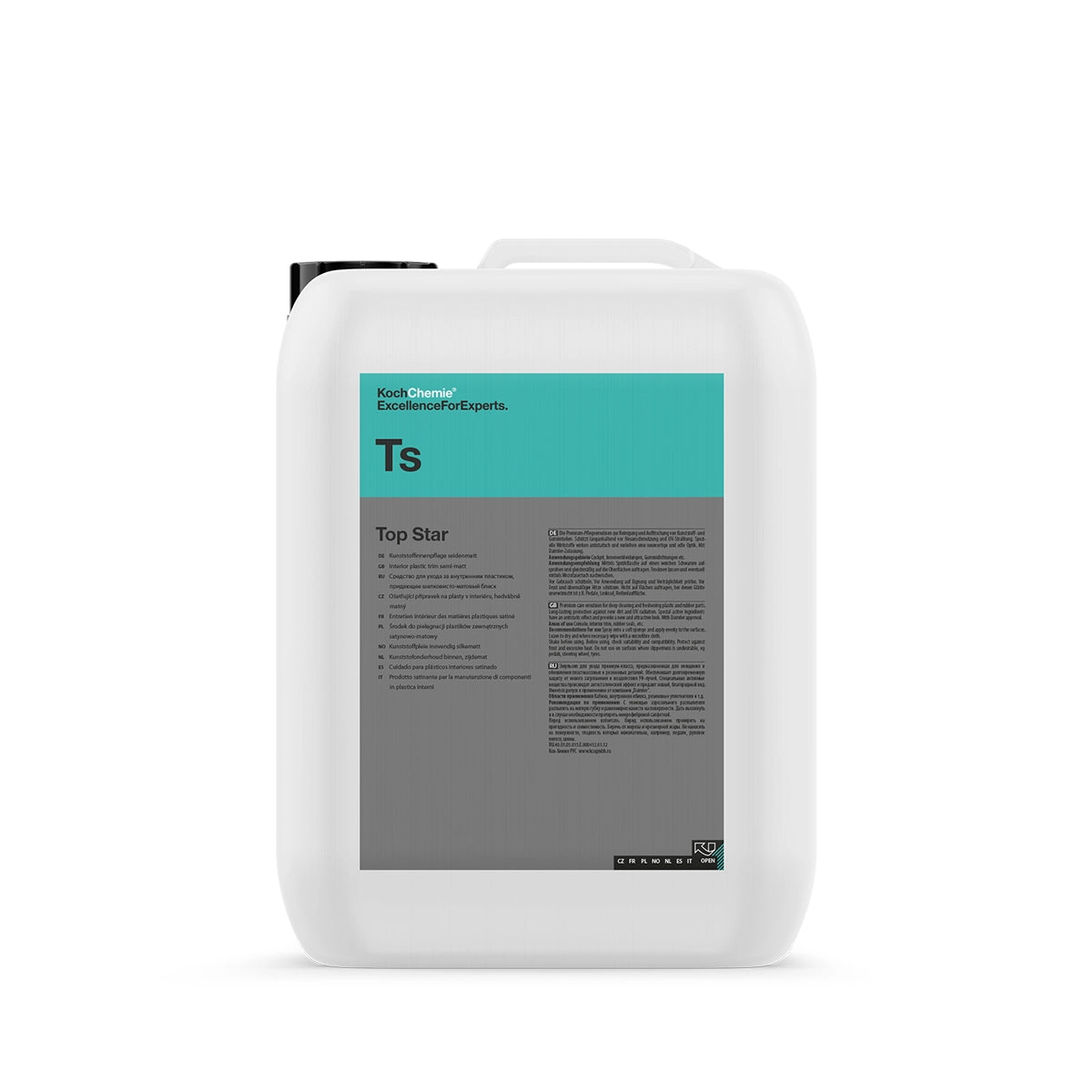 Koch Chemie Top Star 10L, long-lasting semi-gloss interior dressing with UV protection for dashboards and rubber seals.