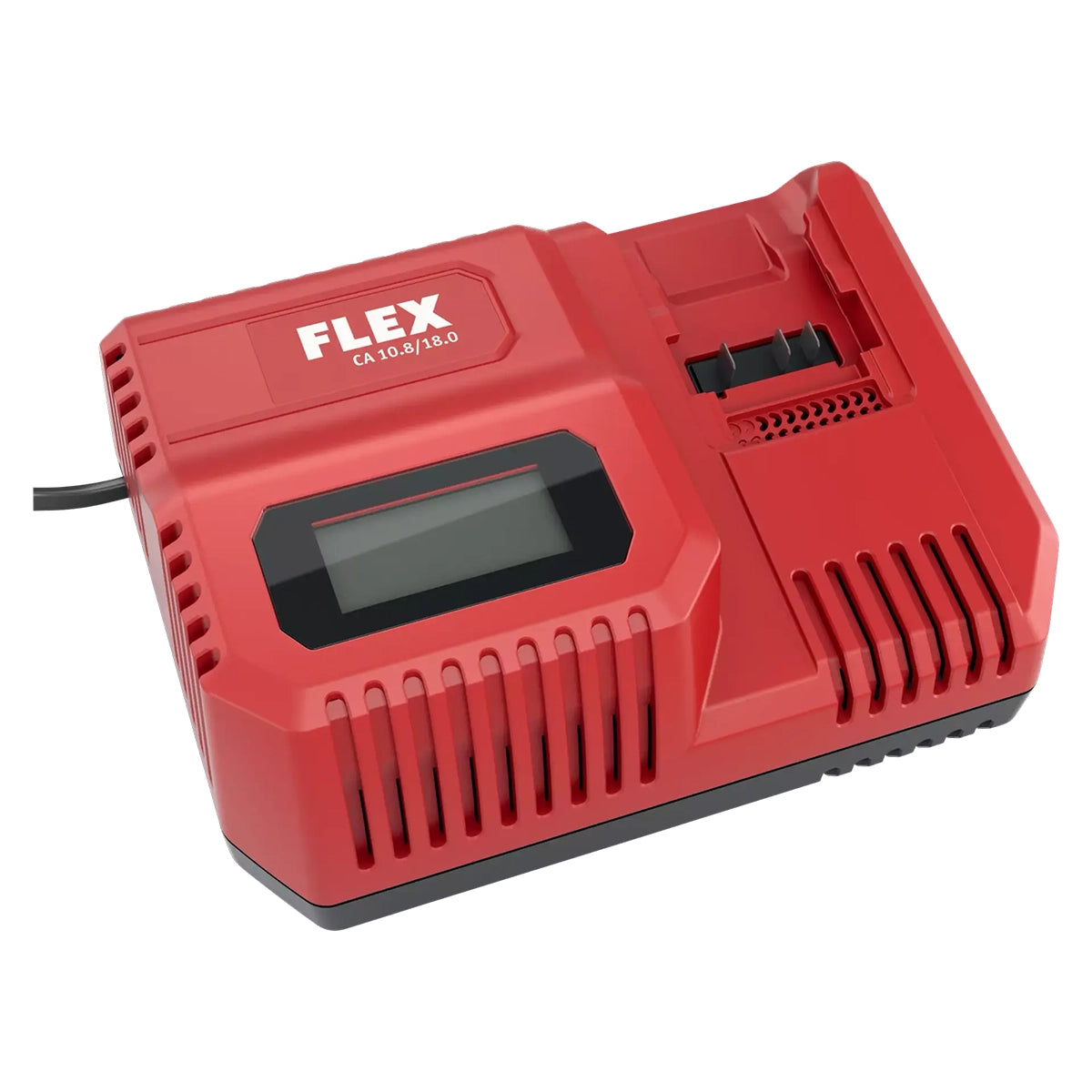 Flex battery charger for 10.8V and 18.0V battery packs with integrated cooling system for overheating protection.
