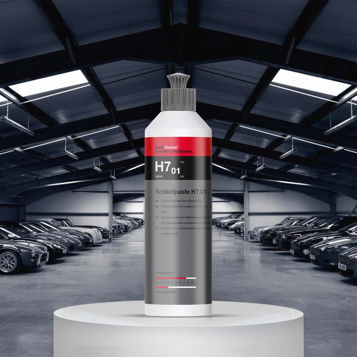 Koch Chemie Schleifpaste H7.01 250ml silicone-free polish for removing deep scratches and sanding marks on automotive paint.