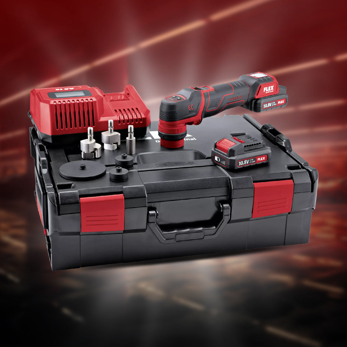 Flex PXE 80 10.8-EC/2.5 cordless polisher with rotary and orbital modes for precise detailing and hologram-free finishes.