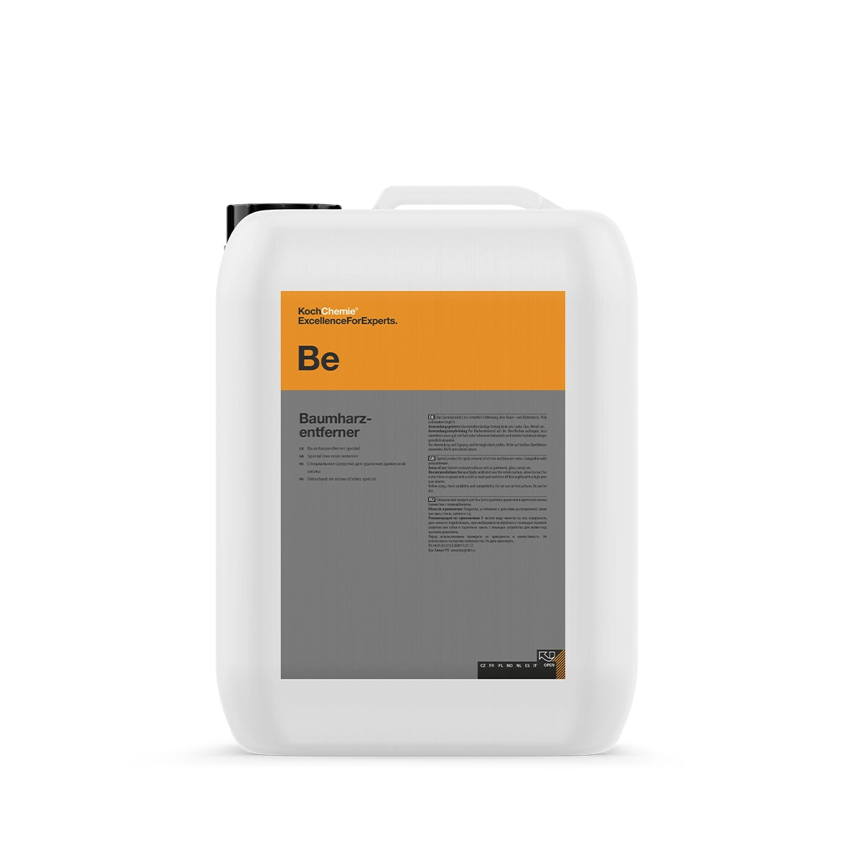 Koch Chemie Baumharzentferner 10L, solvent-resistant tree resin remover for automobile exteriors and windows.