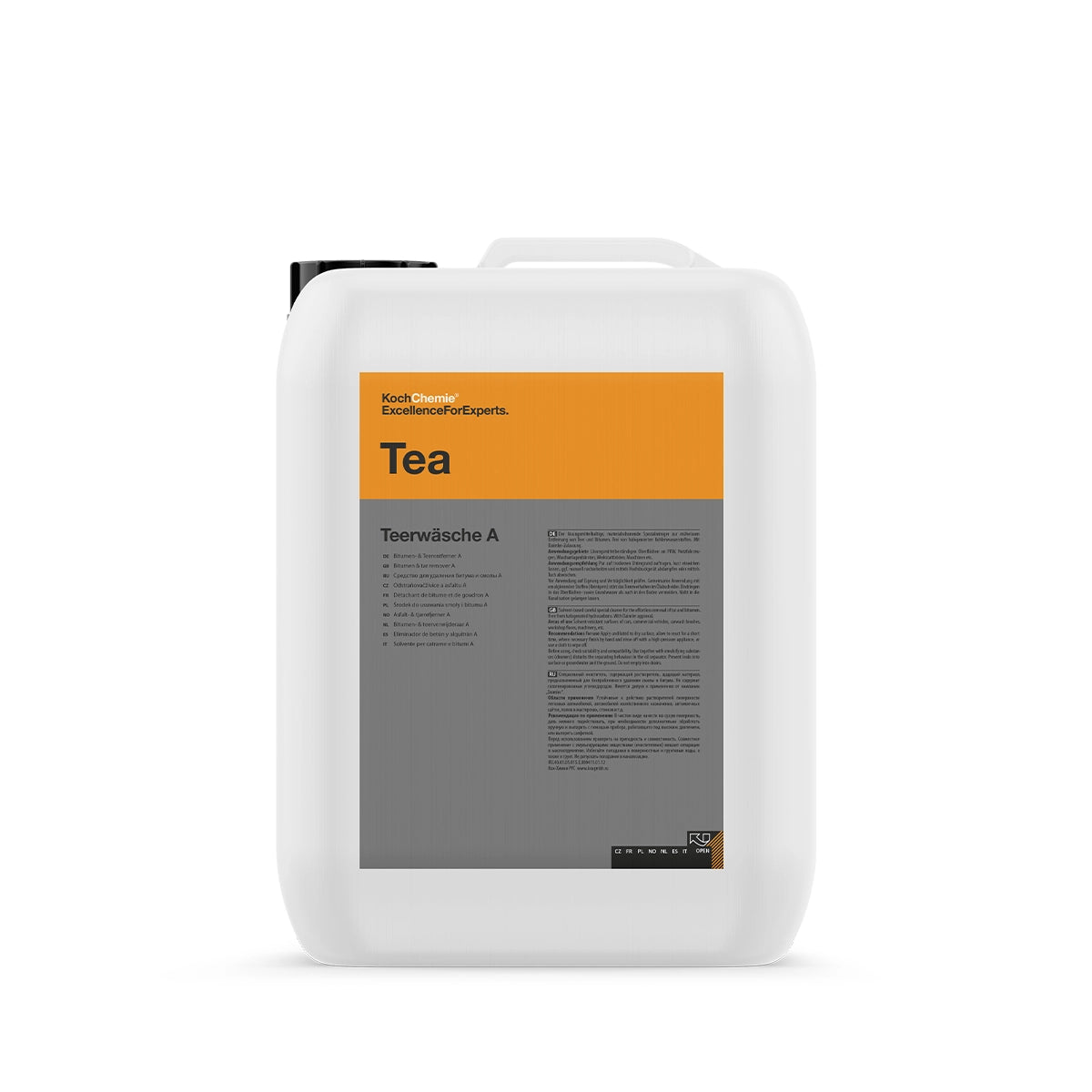 Koch Chemie Teerwasche A 10L in a durable container, designed for removing tar and bitumen from cars, machinery, and more.