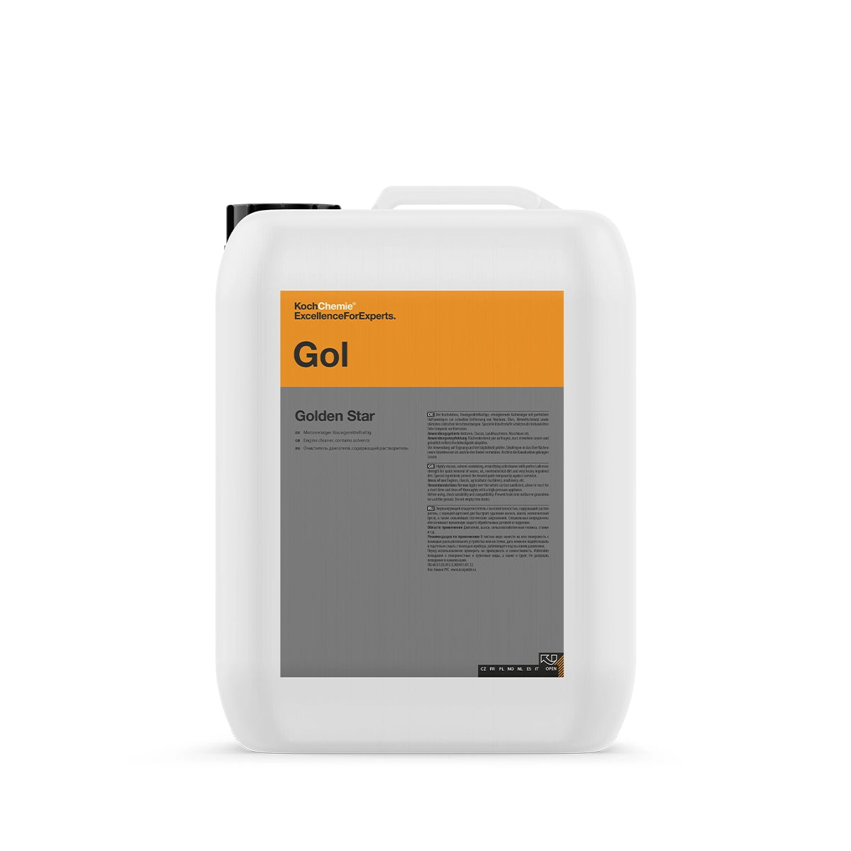Golden Star 30L engine cleaner by Koch Chemie, providing excellent cleaning power for engines, chassis, and agricultural gear.