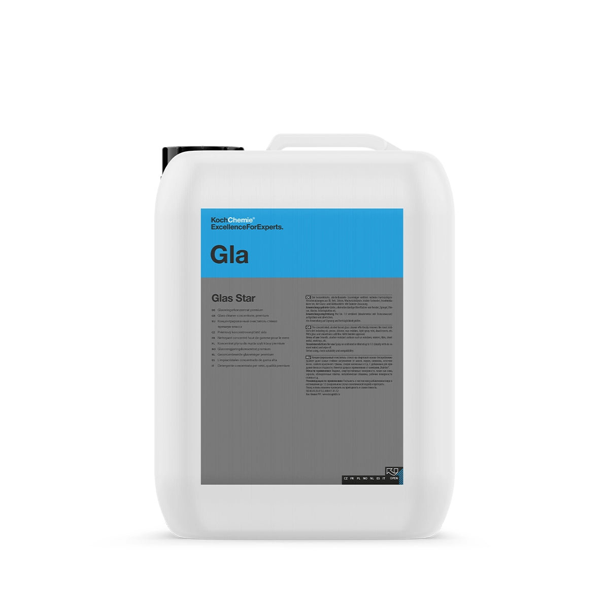 Koch Chemie Glas Star 10L alcohol-based glass cleaner, ideal for cleaning windows, mirrors, and countertops with streak-free results.
