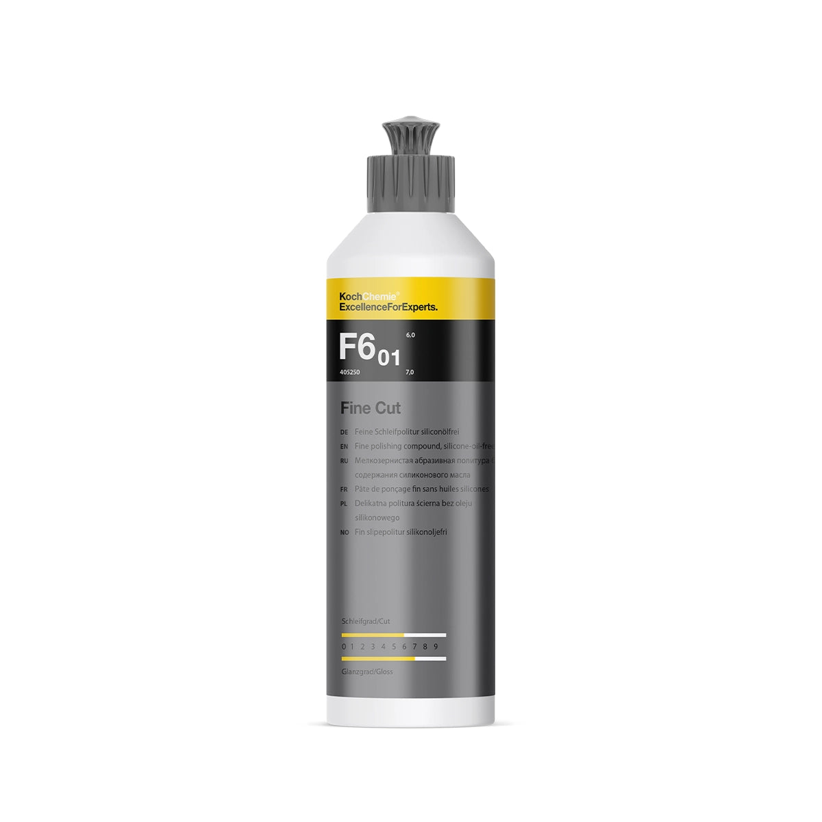 250ml Koch Chemie Fine Cut F6.01 polishing compound with advanced aluminium oxide formula for flawless vehicle finishes.