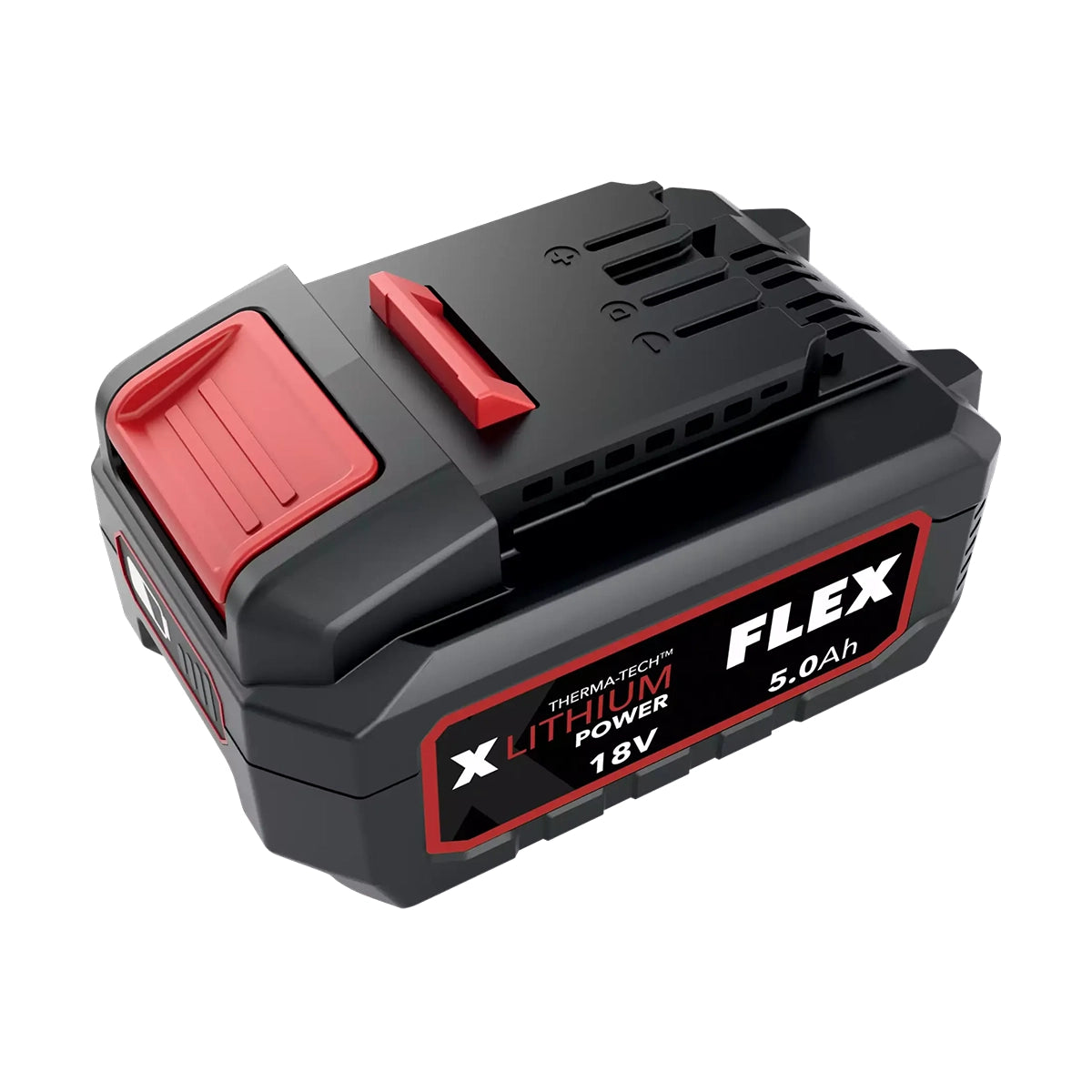 Flex 18.0 V Li-Ion battery pack with 5.0 Ah capacity, featuring protection against charge/discharge and dust.