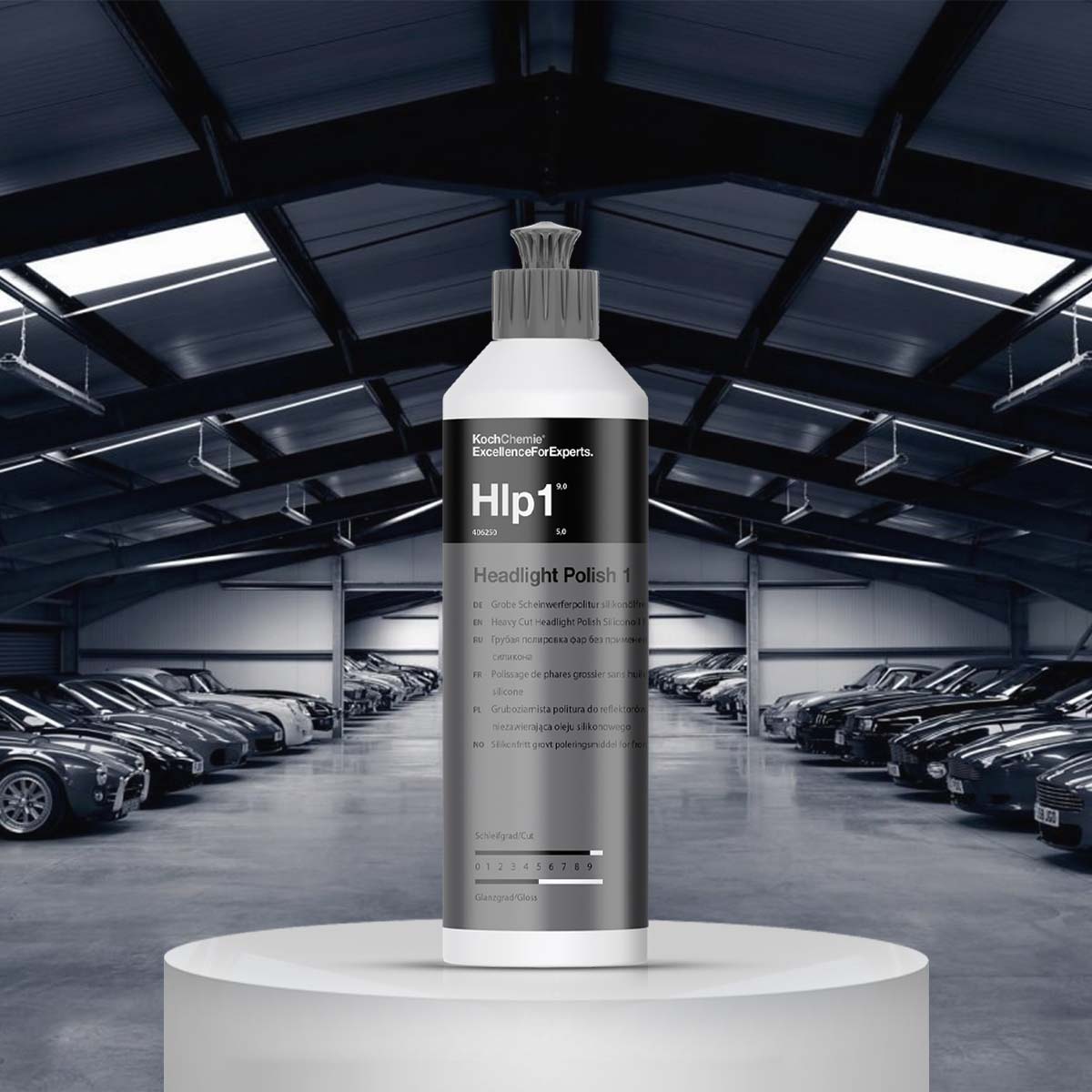 Koch Chemie Headlight Polish 1 250ml for restoring severely damaged PMMA headlights, removes scratches and P 1000 grit sanding marks.