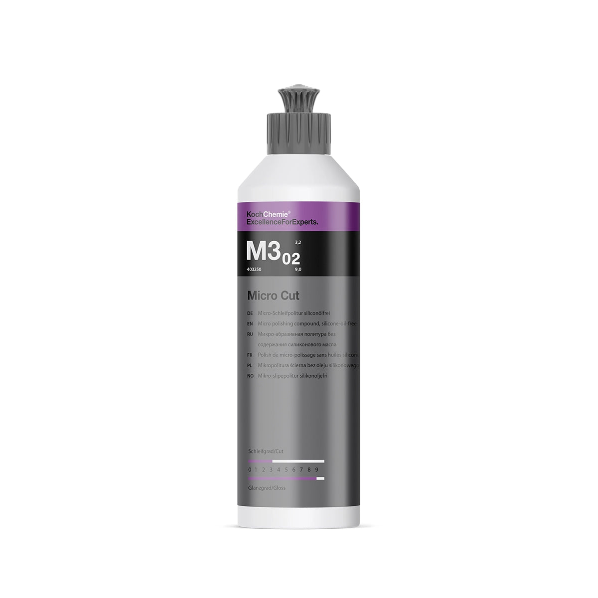 250ml Koch Chemie Micro Cut M3.02, high-gloss polish ideal for removing defects and achieving a streak-free finish on any paint system.