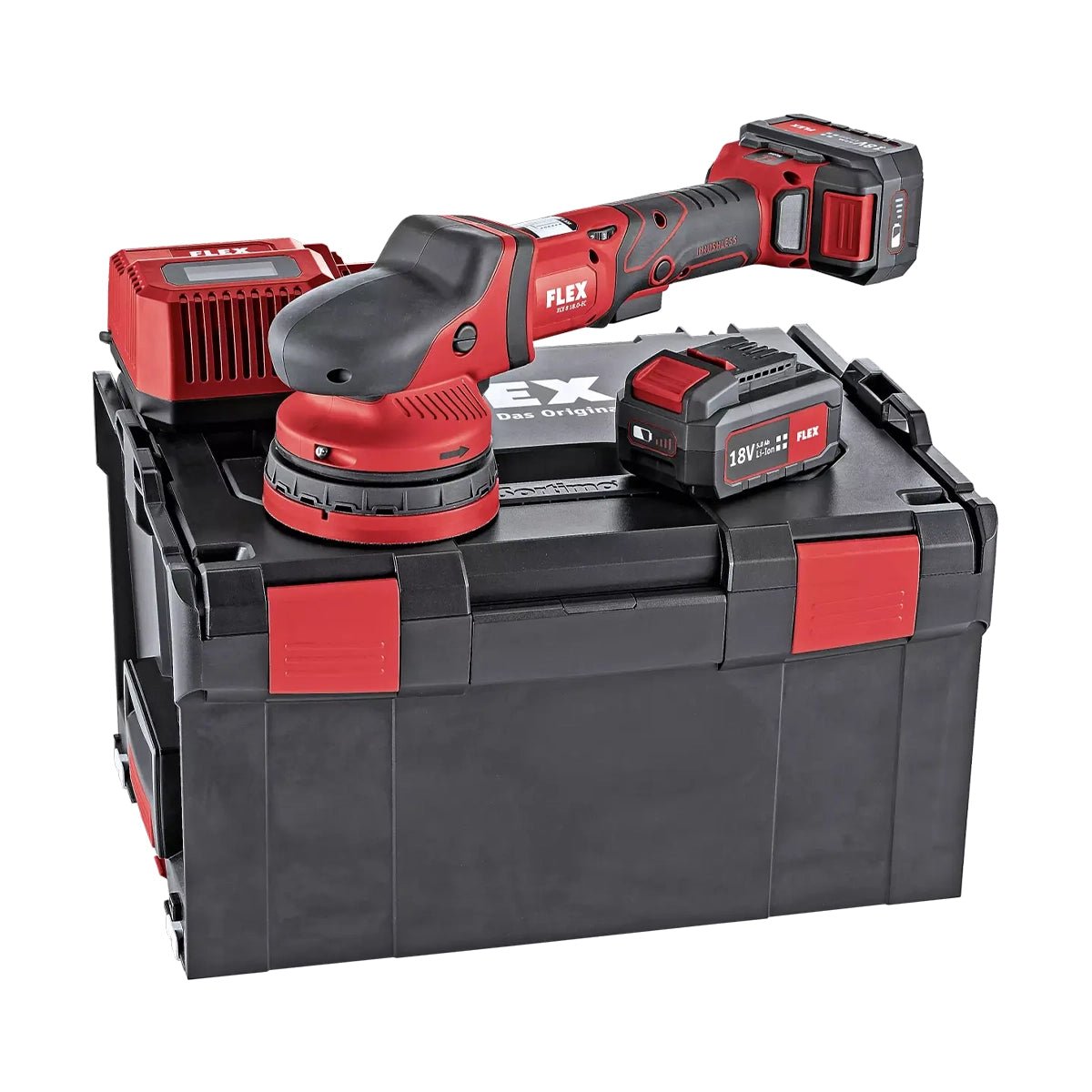 Cordless Flex XCE 8 125 polisher with 125mm Velcro backing pad, extended battery life, and quick charger for seamless polishing.