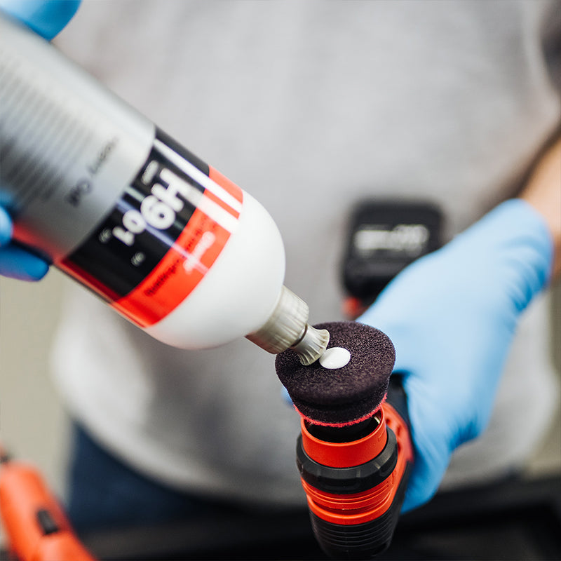 Durable Koch Chemie Heavy Cut Pad 76x23 mm with compression hardness 17 for precise scratch removal in detailing