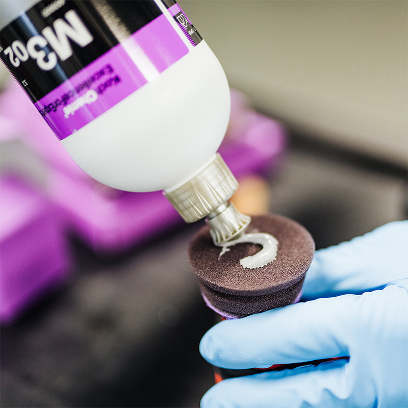 Professional-grade 3-inch Koch Chemie Micro Cut Pad in purple, featuring a short height for enhanced handling.