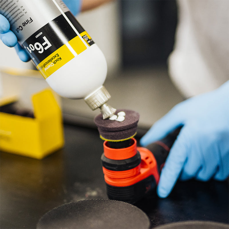 Professional-grade Koch Chemie Fine Cut Pad Yellow 76x23 mm, ideal for automotive detailing on 5-inch backing plates.