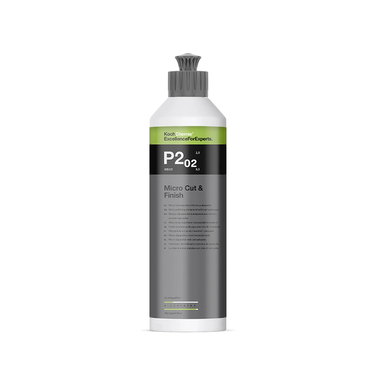 Koch Chemie Micro Cut & Finish P2.02 250ml, designed for removing sanding marks and holograms, leaving surfaces with a brilliant, high-gloss shine.