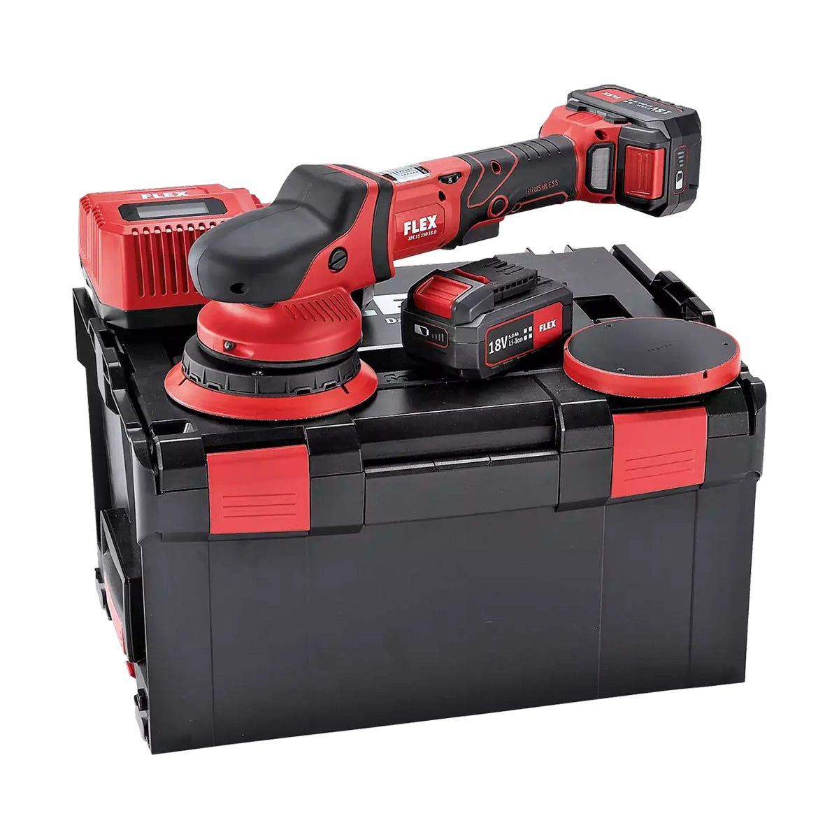 Flex XFE 15 150 18.0-EC/5.0 cordless random orbit polisher set with German engineering, extended battery life, and L-BOXX storage case.