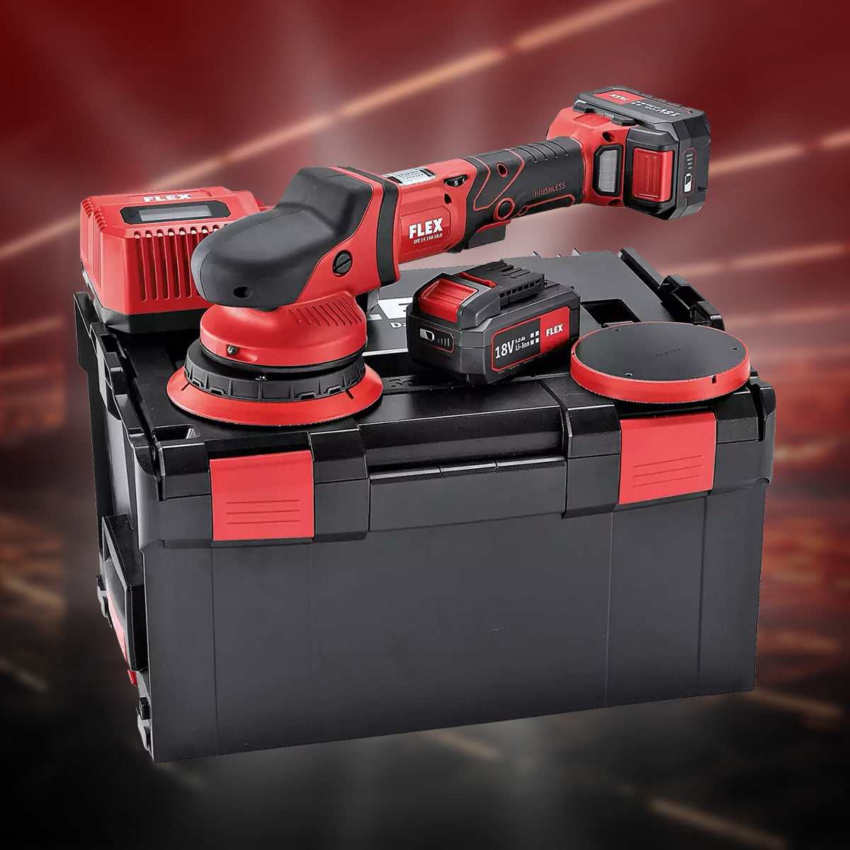 Flex XFE 15 150 18.0-EC/5.0 cordless dual-action polisher with long-lasting battery, quick charger, and versatile backing pads for professional car detailing.