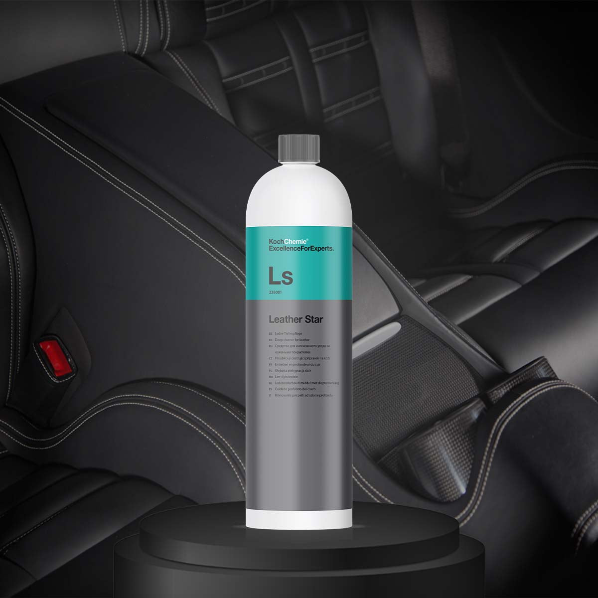 Koch Chemie Leather Star 1L bottle with natural semigloss finish for rejuvenating and protecting smooth, suede, and perforated leather.