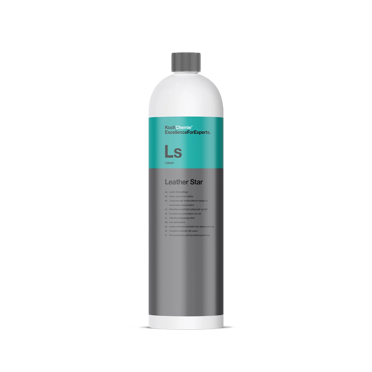 Koch Chemie Leather Star 1L bottle with natural semigloss finish for rejuvenating and protecting smooth, suede, and perforated leather.