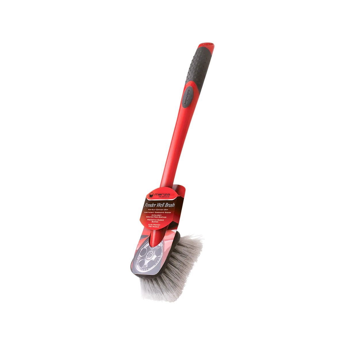 Durable MenzaPro Fender Well-Brush with feathered, chemical-resistant bristles for scrubbing mud and road grime.