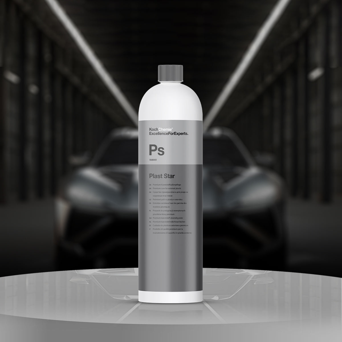 Koch Chemie Plast Star 1L, premium care for external plastics, restores semi-matte finish with long-lasting UV protection.