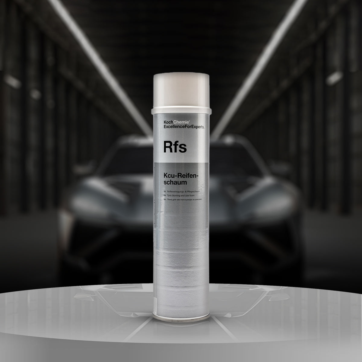 Koch Chemie Tyre Foam Spray Kcu-Reifenschaum in a 0.6L can, designed for easy application and long-lasting tyre shine.