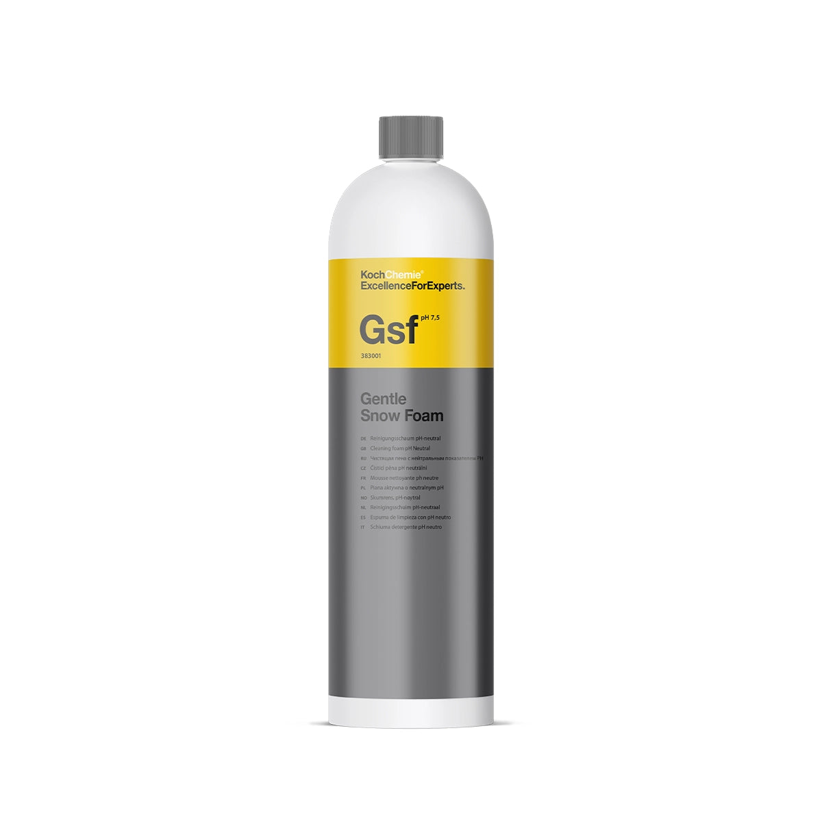 Koch Chemie Gentle Snow Foam 1L, thick foam formula, gentle on surfaces, perfect for use with foam cannons or sprayers for car care.