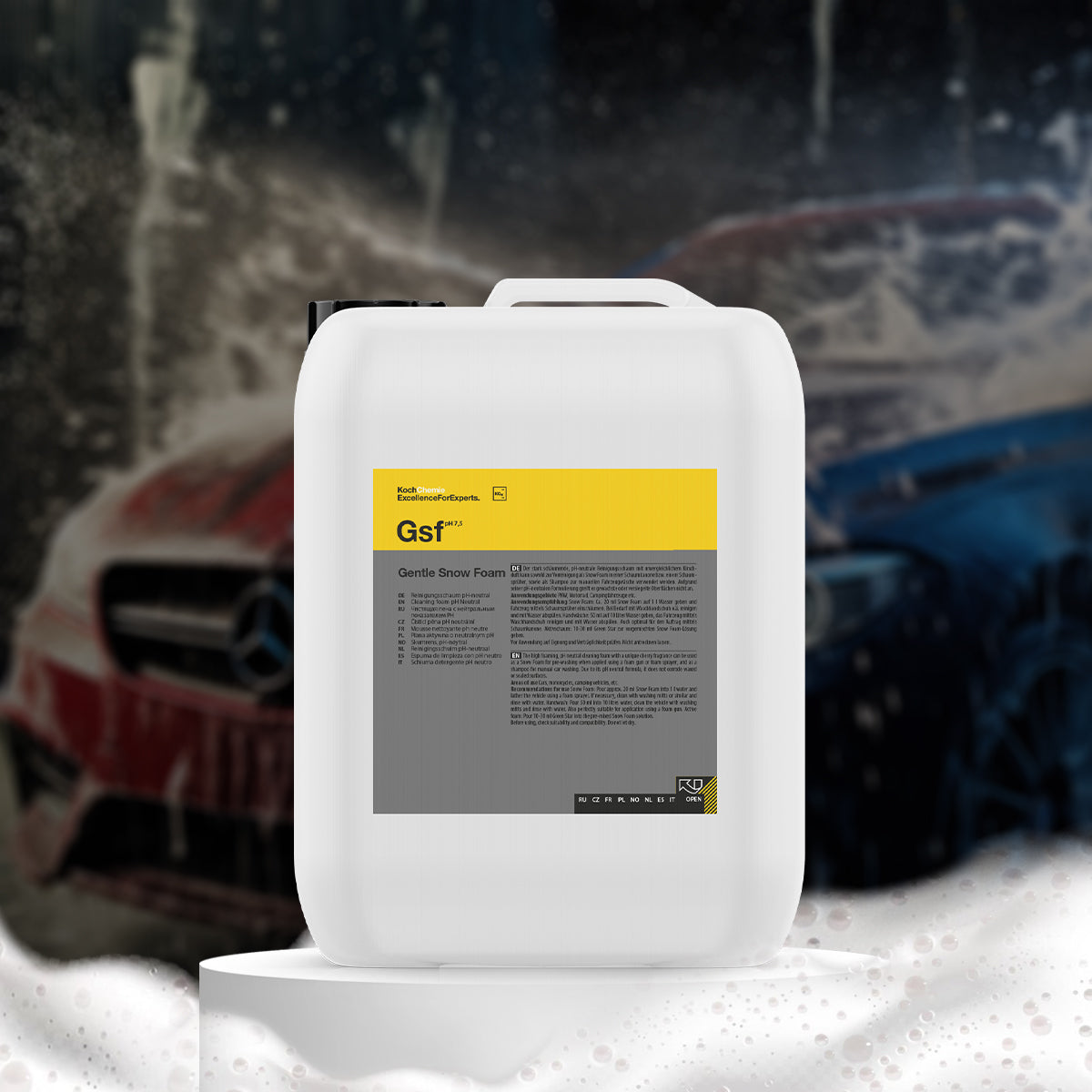 Koch Chemie Gentle Snow Foam 5 L, pH-neutral cleaning foam with strong foaming action, perfect for removing dirt and grime from vehicles.