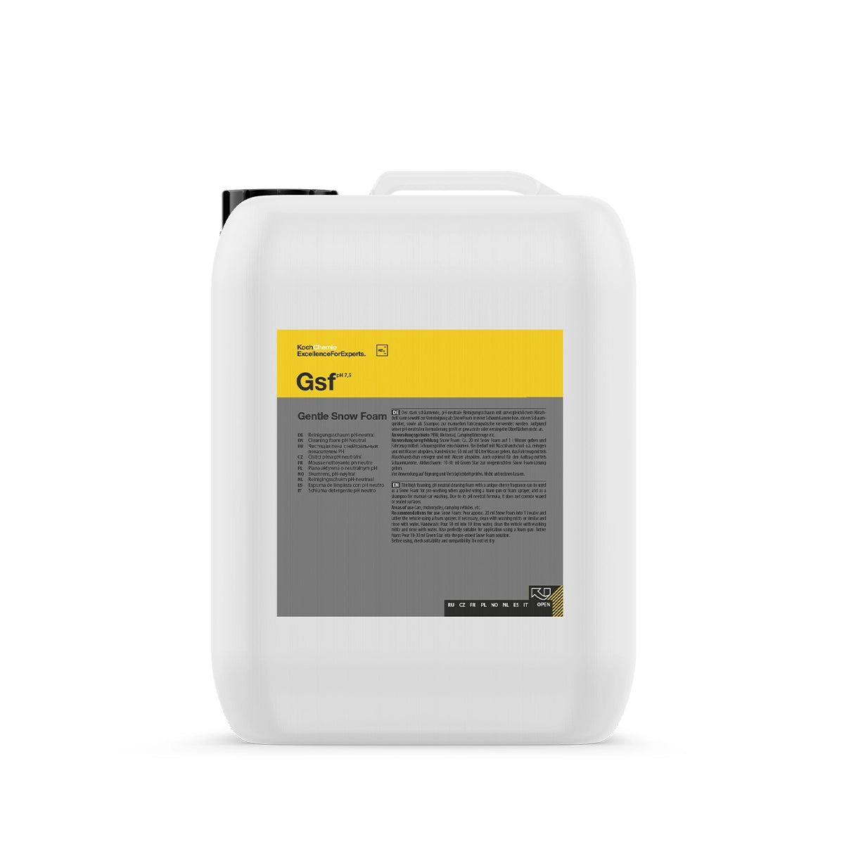 Koch Chemie Gentle Snow Foam 5 L, featuring a cherry fragrance and safe for use on waxed or sealed surfaces, providing a gentle wash.