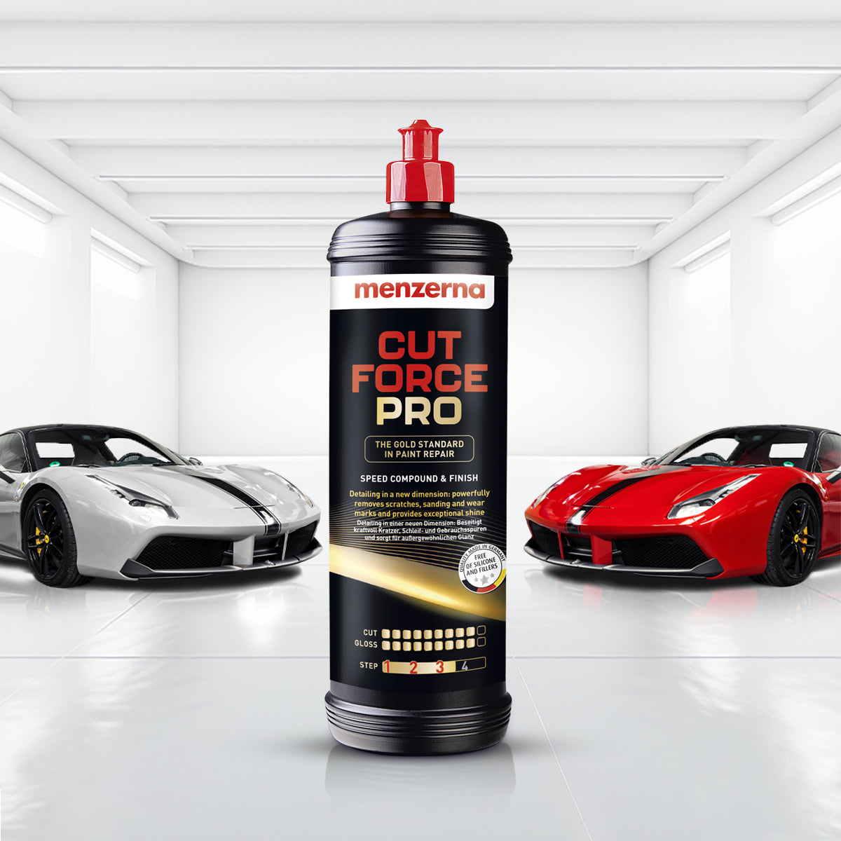 Menzerna Cut Force Pro 1 kg polish for removing scratches, sanding marks, and wear, delivering a brilliant high-gloss finish.