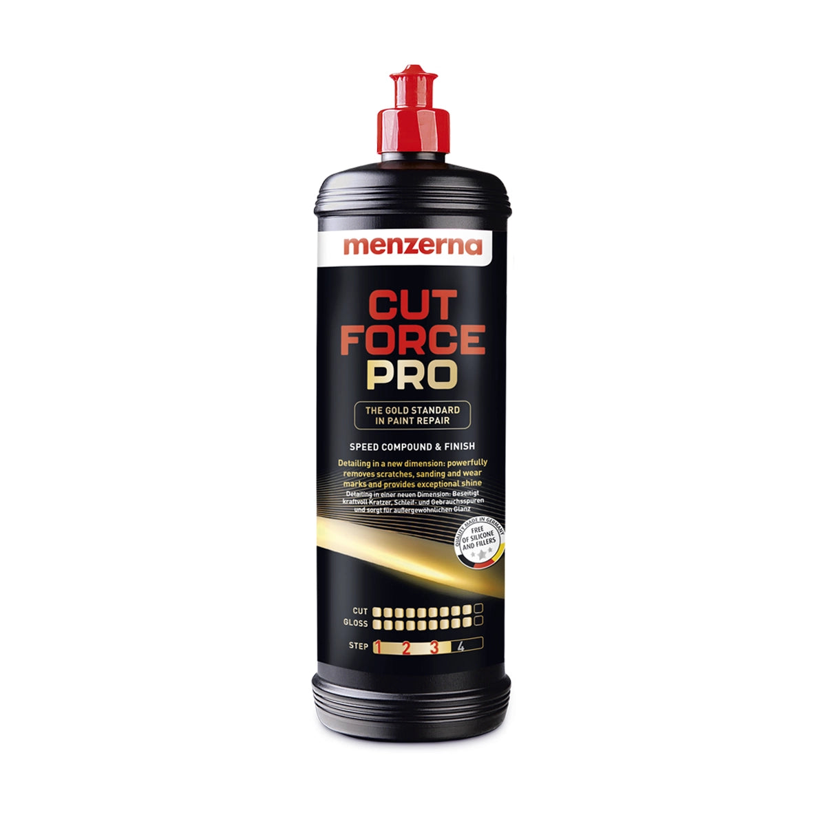 High-performance Menzerna Cut Force Pro compound ideal for restoring heavily stressed clear coats with a deep, mirror-like shine.