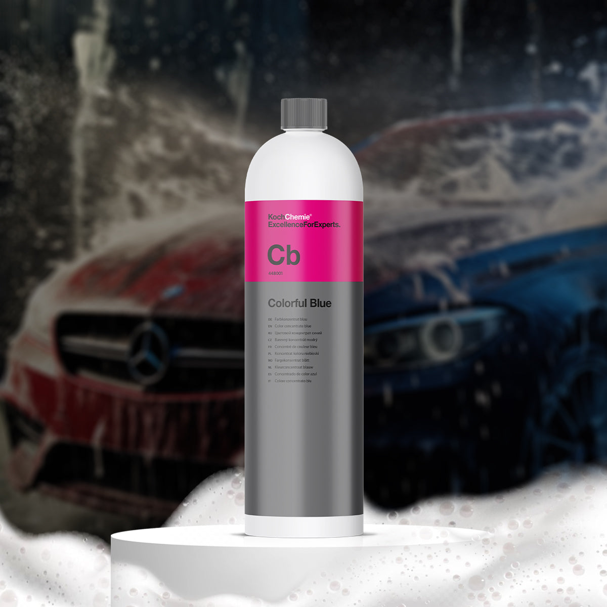 Koch Chemie Colorful Blue 1L car shampoo, vibrant blue foam for an emotional car wash experience.