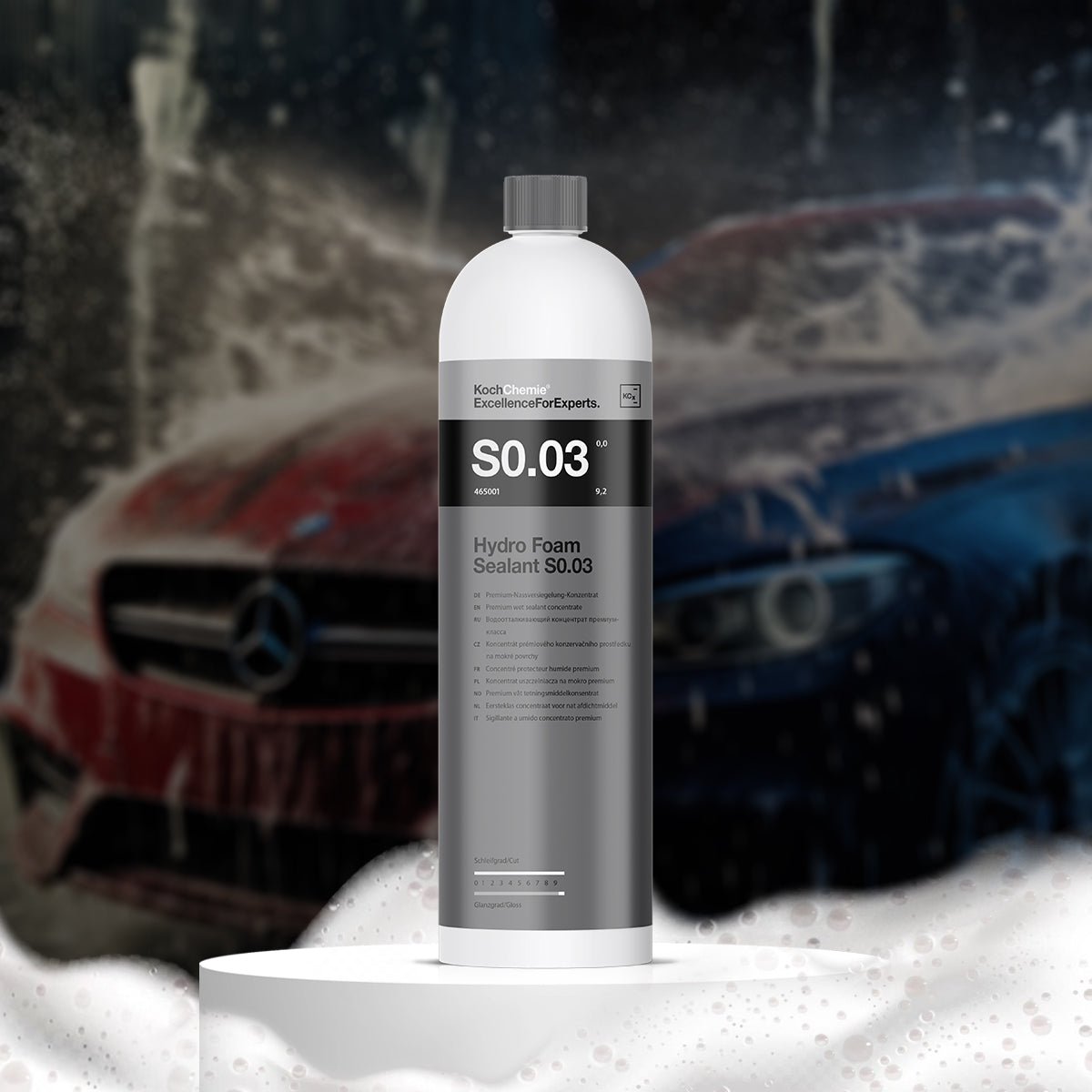Koch Chemie Hydro Foam Sealant creating hydrophobic surfaces with a high-gloss finish, suitable for paint, glass, and plastic exteriors.