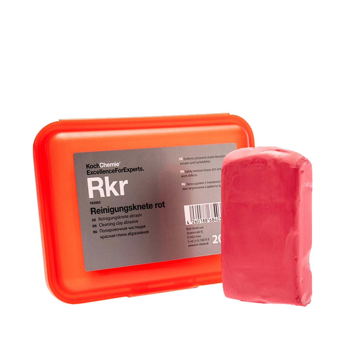 Red Clay 200g by Koch Chemie, ideal for eliminating stubborn deposits and preparing surfaces for polishing.
