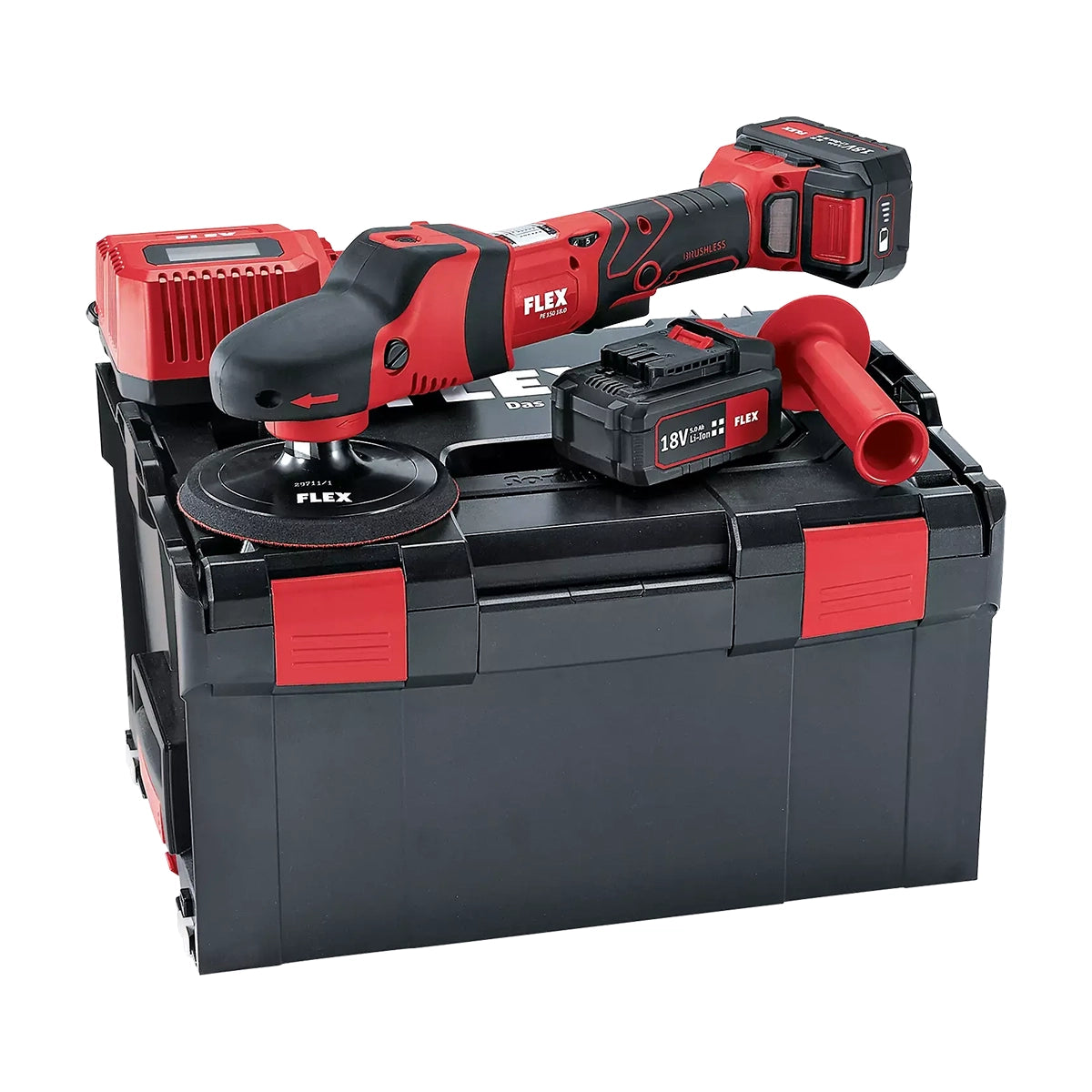 Cordless Flex PE 150 18.0-EC/5.0 rotary polisher with dual-action priming tool, extended-life batteries, and charger.
